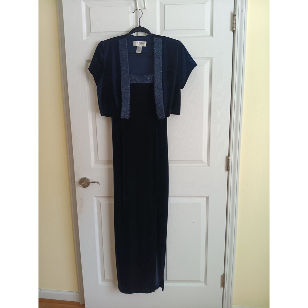 J.R. Nites by Caliendo Vintage Navy Velvet Maxi Dress & Beaded Bolero Jacket 10